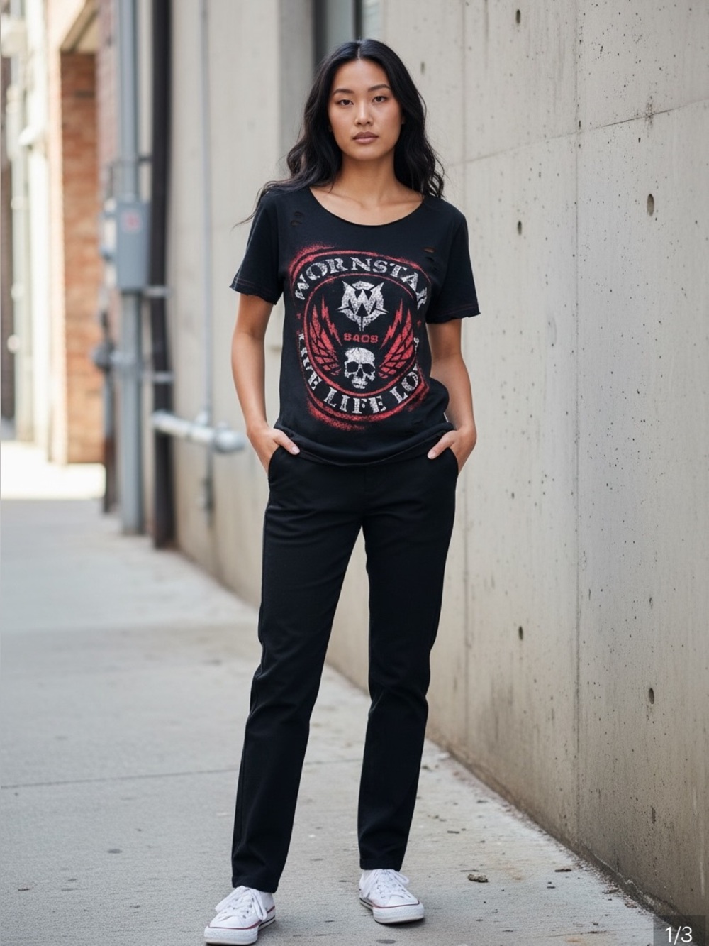 Distressed Black Short-Sleeve Graphic Tee with Red and White Skull Print